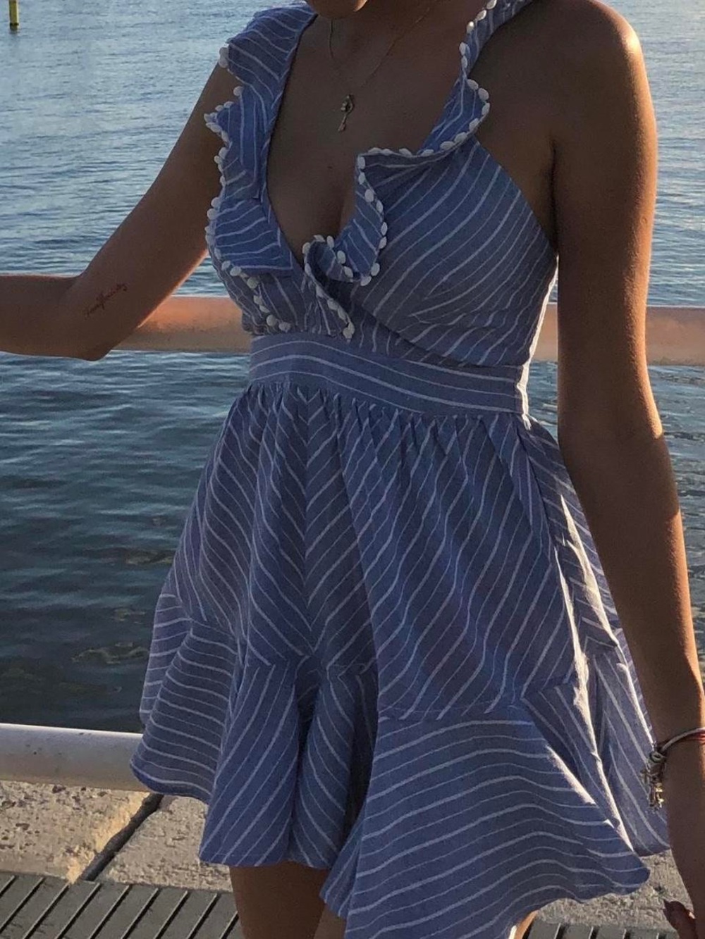 Fashion Nova Blue Striped Ruffle Blouse